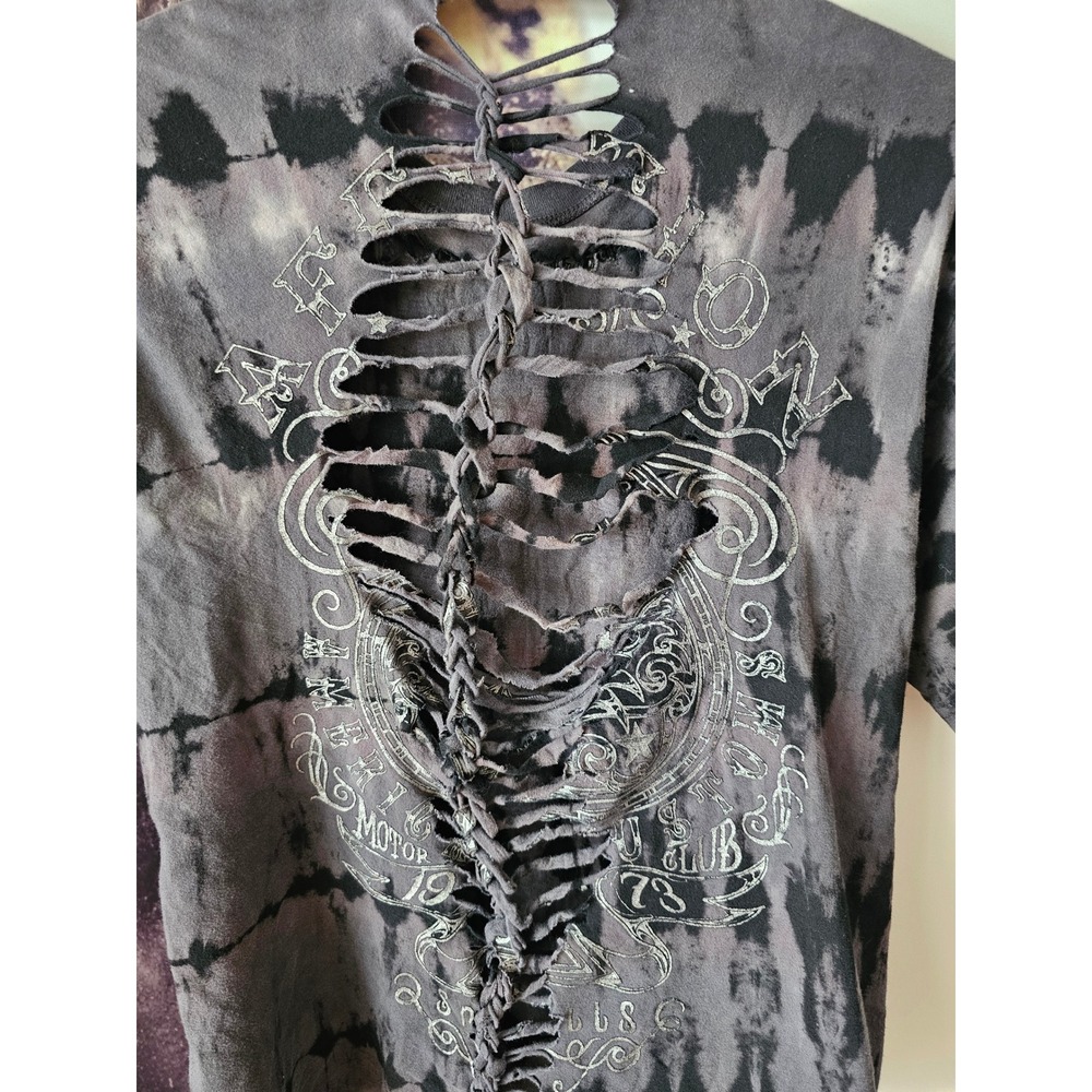 AFFLICTION Women Distressed Tie Dye Graphic‎ T Shirt Cut Out Ripped Gray L/XL - Picture 6 of 9